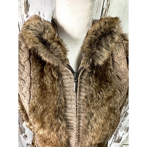 Green Tea Brown Knit And Faux Fur Hooded Vest Wool Blend - Picture 2 of 5